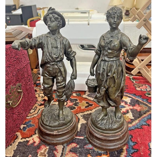 1282 - PAIR OF SCULPTED METAL FIGURES OF A BOY & GIRL, SIGNED ROUSSEAU TO BASE OF EACH, ON WOODEN BASE, 37C... 