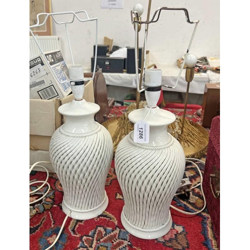 1286 - PAIR OF PORCELAIN LAMPS WITH LATTICE PATTERN DECORATION, 50CM TALL EACH