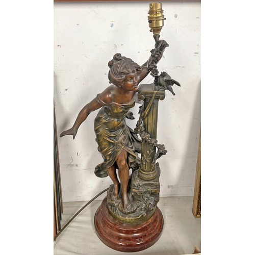 1291 - CAST METAL LAMP OF FIGURE STANDING BESIDE A PILLAR, SIGNED LAND F MOREAU ON A WOODEN BASE WITH STAMP... 