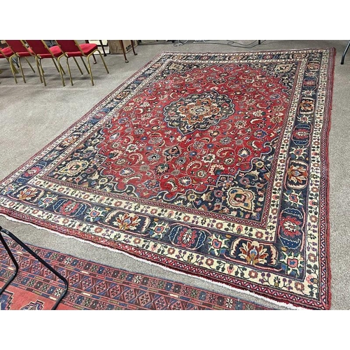 1294 - MULTICOLOURED GROUND PERSIAN TABRIZ CARPET WITH UNIQUE BLUE BORDER, 390 X 280CM