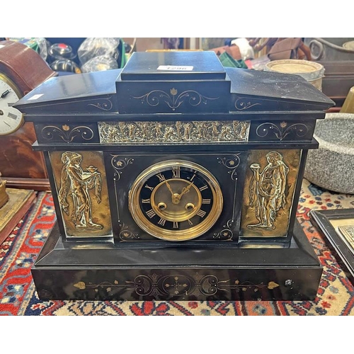 1296 - 19TH CENTURY BRASS & BLACK SLATE MANTLE CLOCK, FRONT INLAID WITH BRASS PANELS WITH CLASSICAL FIGURAL... 