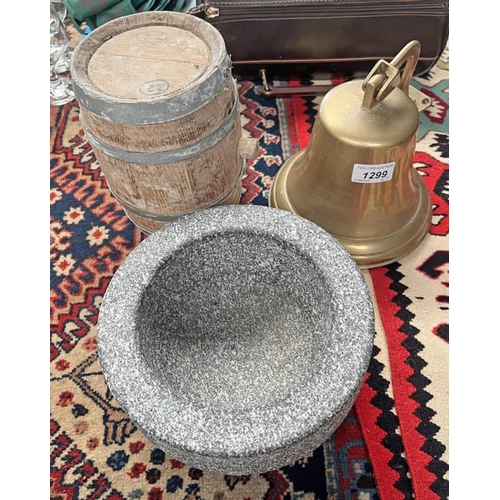 1299 - BRASS BELL WITH WALL MOUNT, SMALL SPIRIT BARREL & A MORTAR BOWL -3-