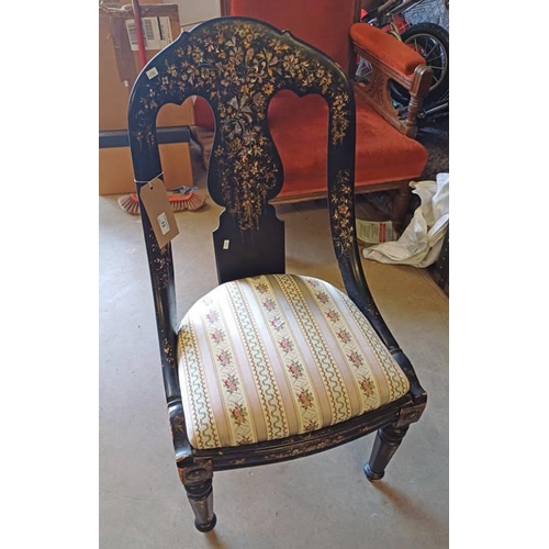 13 - 19TH CENTURY EBONISED HAND CHAIR WITH MOTHER OF PEARL & GILT DECORATION ON TURNED SUPPORTS