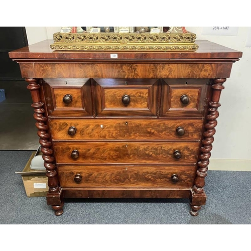 130 - 19TH CENTURY MAHOGANY OGEE CHEST WITH BARLEY TWIST DECORATION AND 3 SHORT DRAWERS OVER 3 LONG DRAWER... 