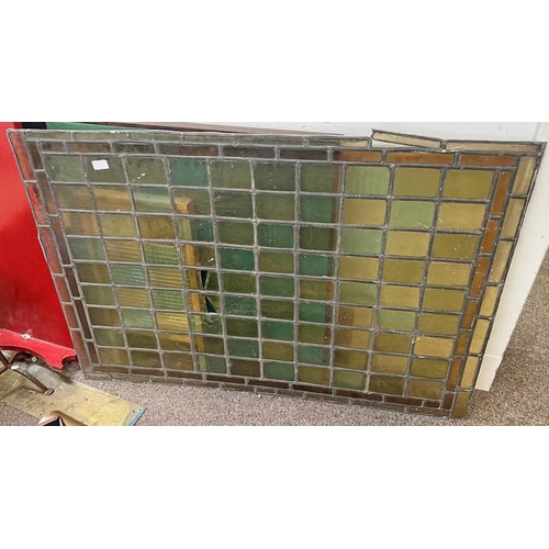 1300 - LEADED GLASS PANEL WITH COLOURED GLASS INSERTS,  116CM X 78 CM