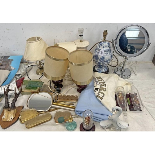 1305 - BLUE & WHITE FLORAL PORCELAIN LAMP, GLASS SHIPS IN BOTTLES, REVLON ELECTRIC MIRROR, ETC