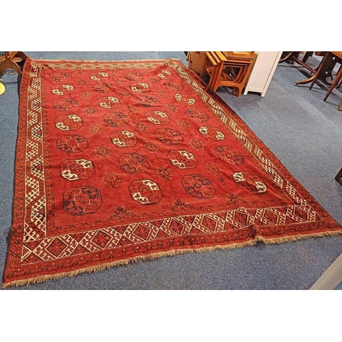 1306 - RED GROUND TUKMEN CARPET ALL OVER BOKHARA DESIGN - 335 X 238 CM