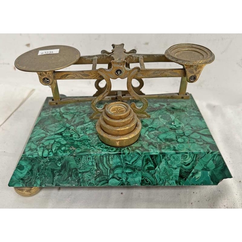 1309 - S MORDAN & CO. LONDON GILT BRASS & MALACHITE POSTAL SCALES (A/F)