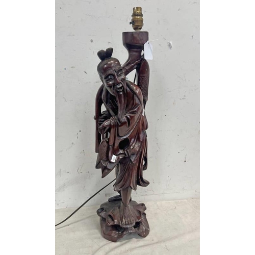 1310 - CARVED HARDWOOD ORIENTAL FIGURE TABLE LAMP 67.5CM TALL