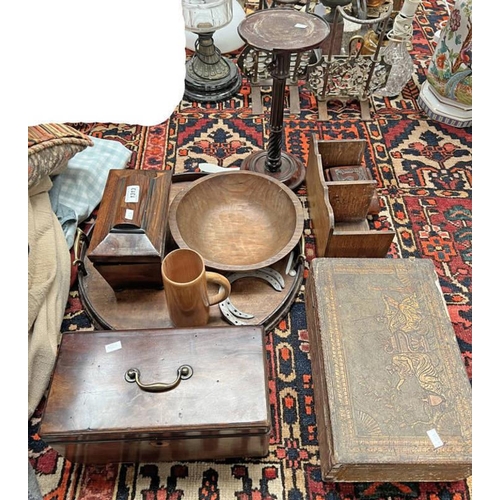 1313 - EARLY 20TH CENTURY SERVING TRAY, ADJUSTABLE MINIATURE TORCHERE, TEA CADDY, WOODEN BOWL, ETC