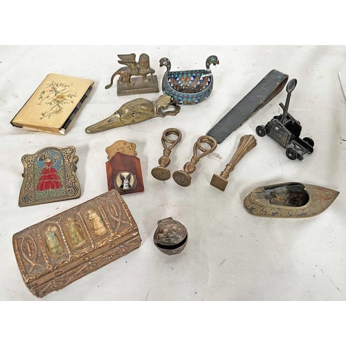 1317 - M HAMMER 925 MARKED BOAT, BRASS SEALS, DOMED TOPPED STAMP BOX, PAPER CLAMP WITH BULL DOG BRASS DUCK ... 