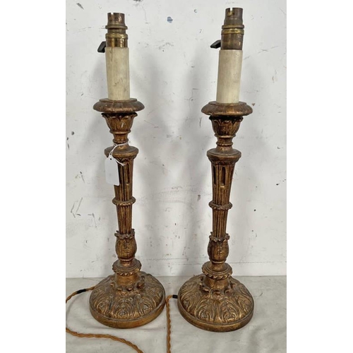 1327 - PAIR OF CARVED WOODEN GILT TABLE LAMPS, 50CM TALL