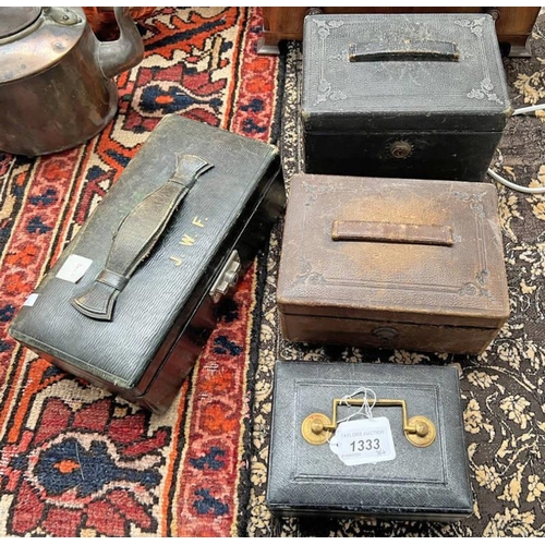 1333 - 2 EARLY 20TH CENTURY LEATHER COVERED KEY BOXES & 2 LEATHER COVERED MONEY BOXES ONE MARKED GOLD & SIL... 