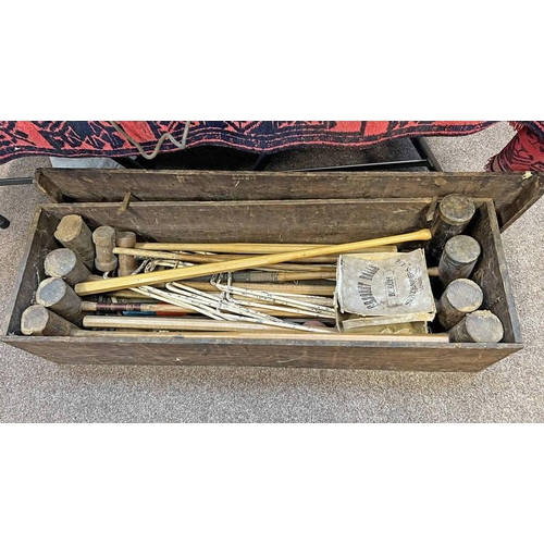 1346 - JACQUES CROQUET WOODEN CASE WITH CONTENTS OF VARIOUS BALLS, MALLETS ETC