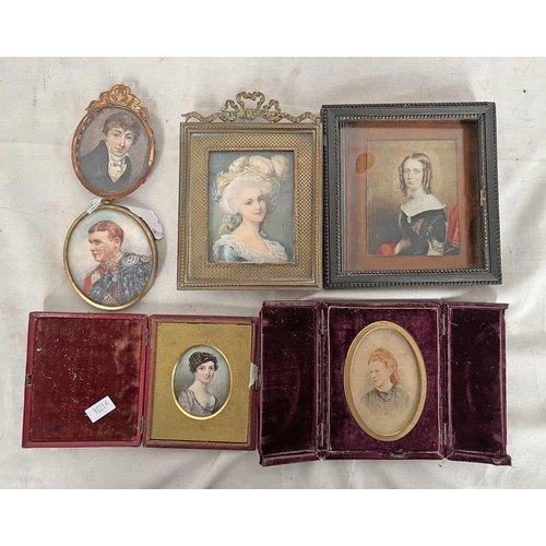 1351 - SELECTION OF MINIATURE PORTRAITS IN FRAMES TO INCLUDE 1 OF A SCOTTISH HIGHLAND LIGHT INFANTRY SOLDIE... 