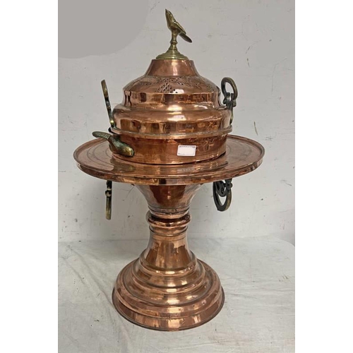 1354 - MIDDLE EASTERN COPPER & BRASS INCENSE BURNER WITH SECTION BODY WITH BRASS MOUNTS, 70CM TALL