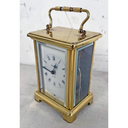 1364 - GILT METAL CARRIAGE CLOCK, BAYARD 8 DAY BY DUVERDRY & BLOQUEL FRANCE, 12CM TALL