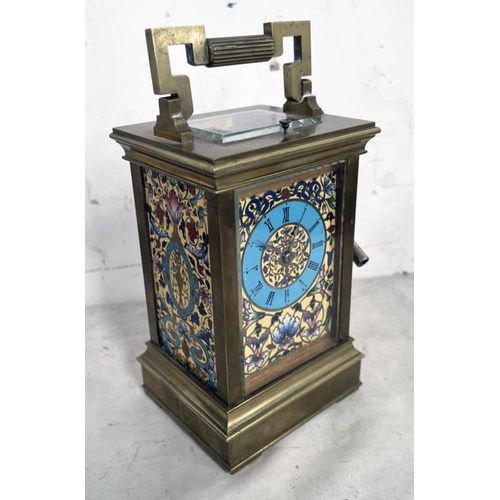 1365 - GILT BRASS & CHAMPLEVE ENAMEL REPEATING CARRIAGE CLOCK, ENAMEL FRONT & SIDE PANELS WITH GLASS REAR D... 