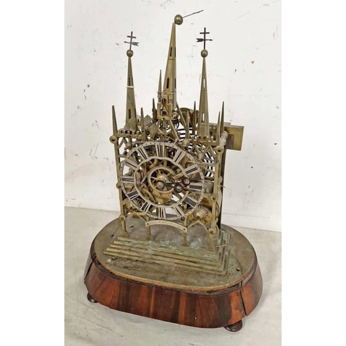 1366 - 19TH CENTURY STRIKING SKELETON CLOCK MODELLED ON LICHFIELD CATHEDRAL SURMOUNTED BY 3 SPIRES OVER THE... 