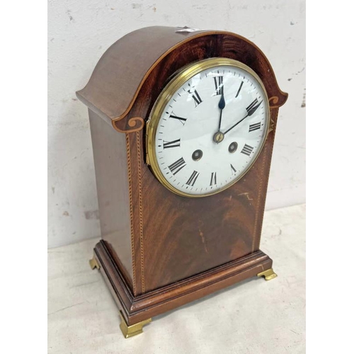 1367 - INLAID MAHOGANY MANTLE CLOCK WITH WHITE ENAMEL DIAL, WORKS BY WBK & FILS PARIS, 28CM TALL