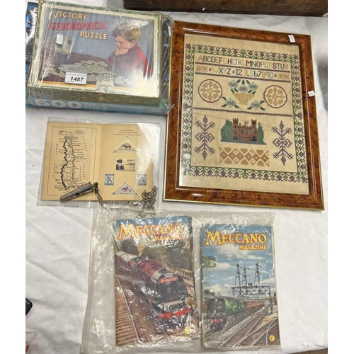 1368 - LUNDY STAMPS, WHISTLE, MECCANO MAGAZINE, VICTORY GEOGRAPHICAL PUZZLE, FRAMED SAMPLER, ETC