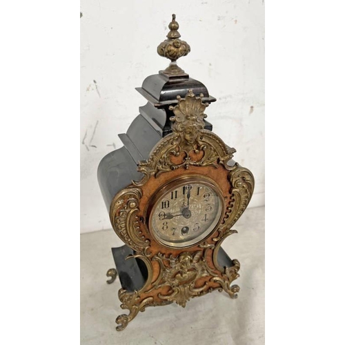 1369 - LATE 19TH OR EARLY 20TH CENTURY WALNUT MANTLE CLOCK WITH SILVERED DIAL & GILT BRASS MOUNTS TO BODY, ... 