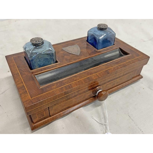 1373 - EARLY 20TH CENTURY INLAID MAHOGANY INKWELL SET WITH DRAWER, BLUE GLASS INKWELLS, SILVER HALLMARKED S... 