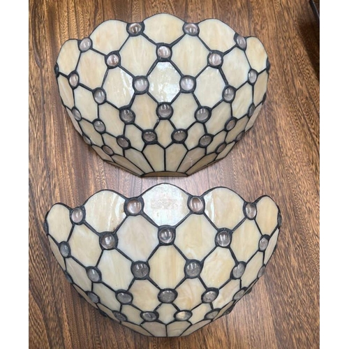 1386 - PAIR OF LEADED GLASS LIGHT SHADES, 31CM ACROSS