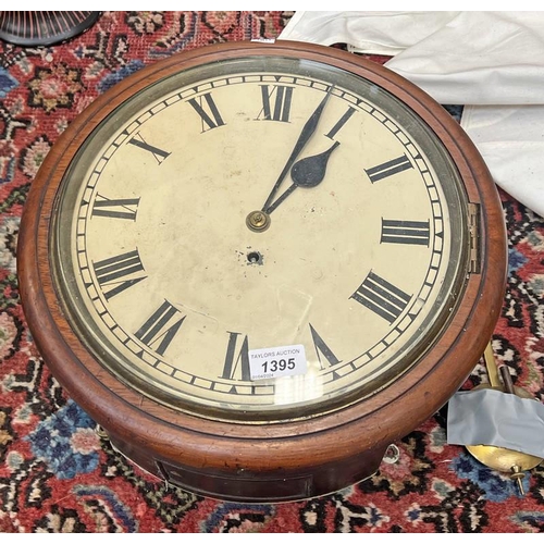 1395 - MAHOGANY CASED FUSEE WALL CLOCK WITH BLACK ROMAN NUMERALS TO FACE, 38CM ACROSS