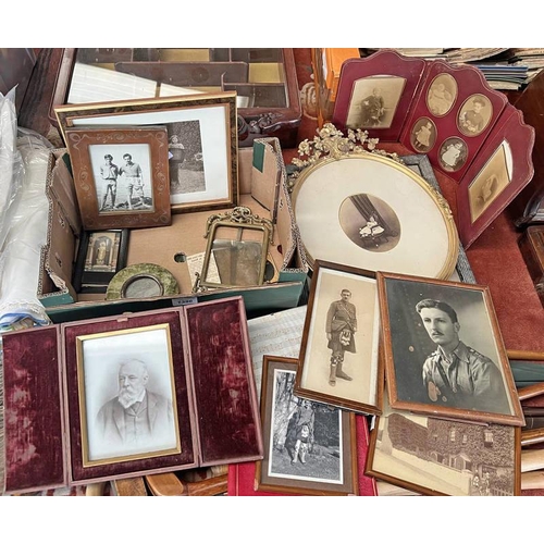 1396 - 19TH CENTURY LEATHER CASED PHOTOGRAPH, BRASS PHOTOGRAPH FRAME, PHOTOS OF A WW1 SOLDIER, ETC