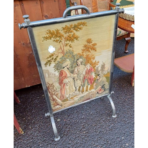 1398 - METAL FRAMED FIRE SCREEN WITH DECORATIVE CLASSICAL SCENE TAPESTRY - 92 CM TALL