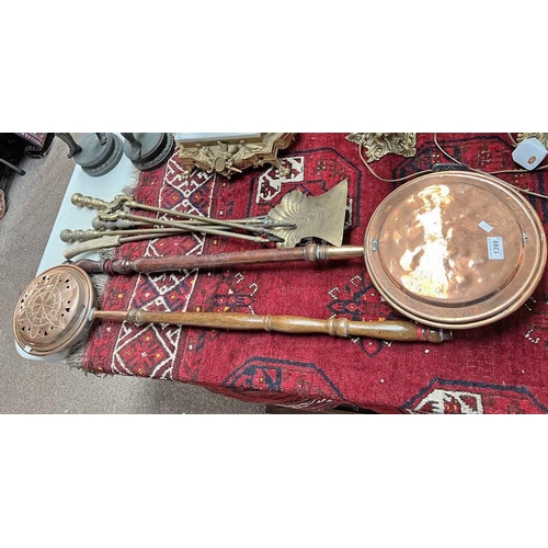 1399 - 2 19TH CENTURY COPPER & WOOD BED WARMING PANS, 1 WITH PIERCED STARS & LOWE HEARTS TO BODY, & 3 BRASS... 