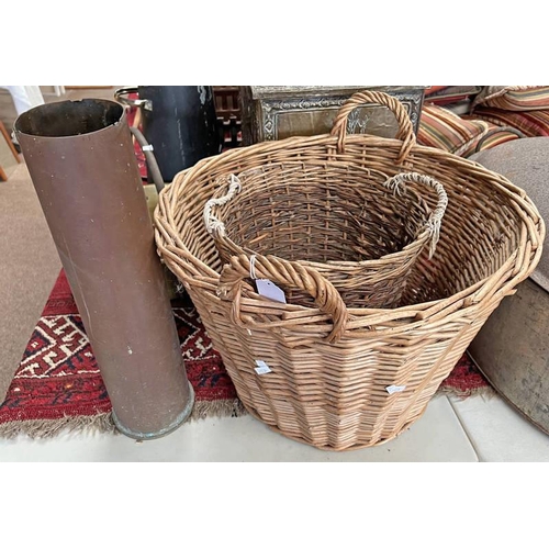 1405 - 2 WICKER BASKETS & A 1912 DATED BRASS ARTILLERY SHELL