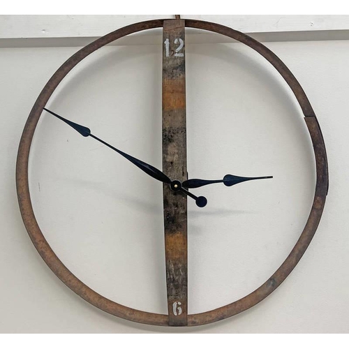 1411 - WHISKY BARREL WALL CLOCK, WHISKY BARREL STAVE TO MIDDLE WITH METAL RING, CM ACROSS