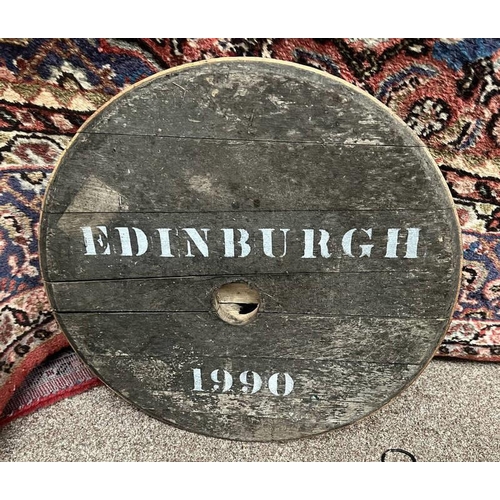 1414 - WHISKY BARREL LID MARKED EDINBURGH 1990