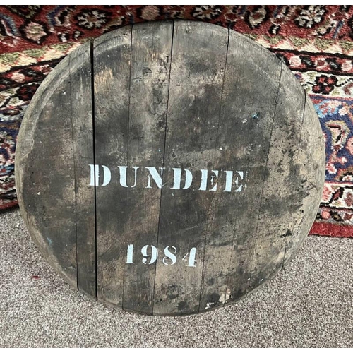 1416 - WHISKY BARREL LID MARKED DUNDEE 1984