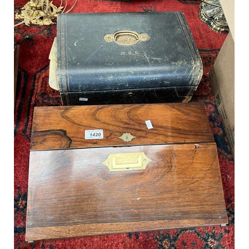 1420 - 19TH CENTURY ROSEWOOD WRITING SLOPE WITH BRASS MOUNTS & A LEATHER CARVED  WRITING BOX WITH ETCHED BR... 