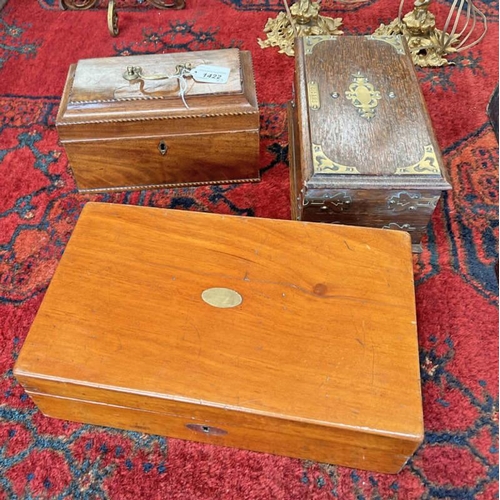 1422 - LATE 19TH OR EARLY 20TH CENTURY BRASS MOUNTED OAK CIGAR BOX WITH BRASS LABEL TO TOP 'CIGARS', 19TH C... 