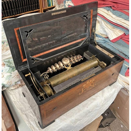 1433 - 19TH CENTURY INLAID WALNUT CASED MUSIC BOX PLAYING ON BELLS (AF), 70.5CM WIDE