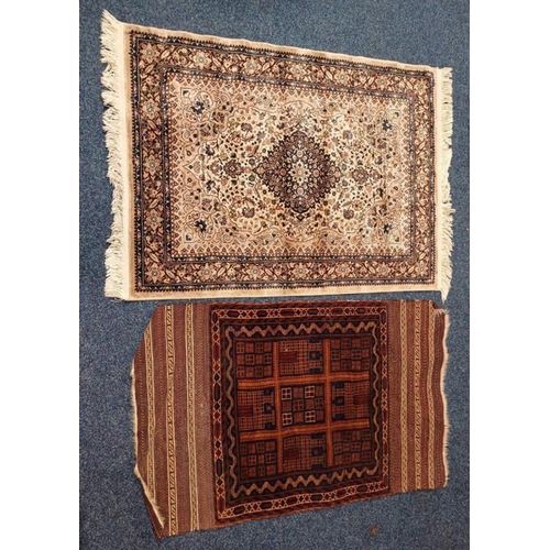 1441 - BLUE & WHITE RUG WITH FLORAL DESIGN, LABEL READING ST MICHAEL KASBAH TO REVERSE, 150 X 100 CM, & 1 O... 