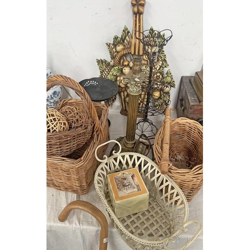 1448 - BRASS CORINTHIAN COLUMN TABLE LAMP, WICKER BASKET, WINE STAND, METAL BASKET, ETC