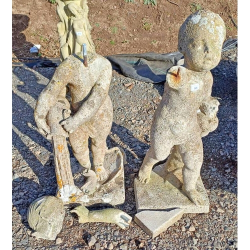 145 - PAIR OF RECONSTITUTED STONE CHERUBS ON SQUARE BASES - AF. TALLEST 81 CM