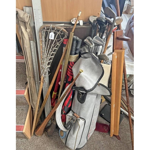 1450 - JOHN LETTER GOLF IRONS, ETC IN GOLF BAG, SHEPHERDS CROOK, UMBRELLAS COPPER POSTING HORN, ETC