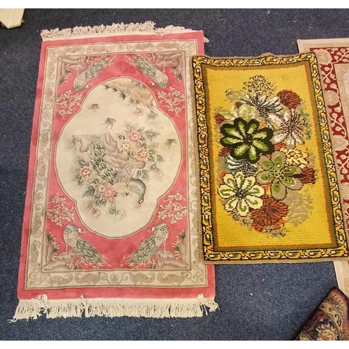 1458 - PINK & WHITE RUG DECORATED WITH PEACOCKS & FLOWERS, 190 X 120 CM, & A SMALLER YELLOW RUG DECORATED W... 