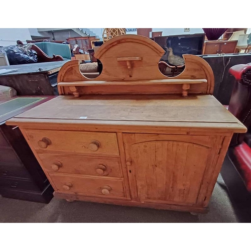 146 - 19TH CENTURY PINE DRESSER WITH SHAPED BACK, 3 DRAWERS & SINGLE PANEL DOOR,  122CM TALL X 122CM WIDE