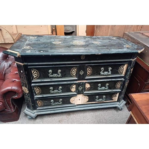 147 - 19TH CENTURY EBONISED CONTINENTAL CHEST WITH DECORATIVE BONE INLAY AND 2 SHORT OVER 2 LONG DRAWERS W... 