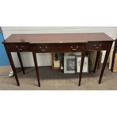 15 - LATE 19TH CENTURY INLAID MAHOGANY BREAKFRONT SIDE TABLE WITH CENTRALLY SET LONG DRAWER FLANKED BY 2 ... 
