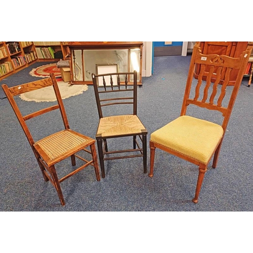 154 - ELM HAND CHAIR WITH BERGERE PANEL SEAT, HAND CHAIR WITH RUSH WORK SEAT & 1 OTHER CHAIR