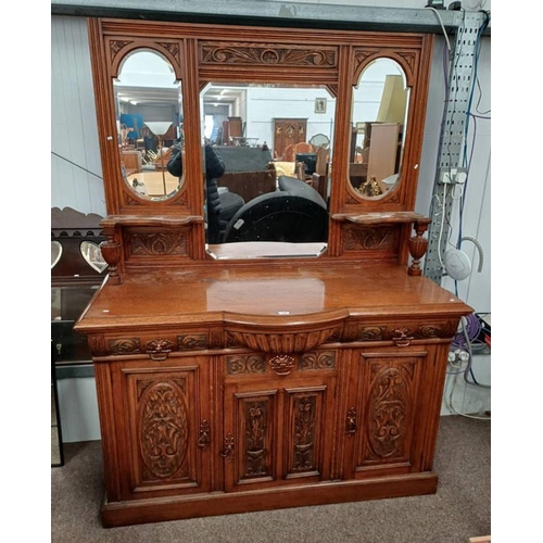 155 - LATE 19TH CENTURY OAK MIRROR BACK SIDEBOARD WITH CARVED DECORATION AND 3 DRAWERS OVER 3 PANEL DOORS.... 