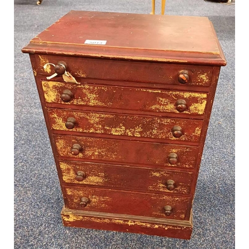 157 - 19TH CENTURY MINIATURE CHEST OF 6 DRAWERS ON PLINTH BASE.  HEIGHT 55 CMS